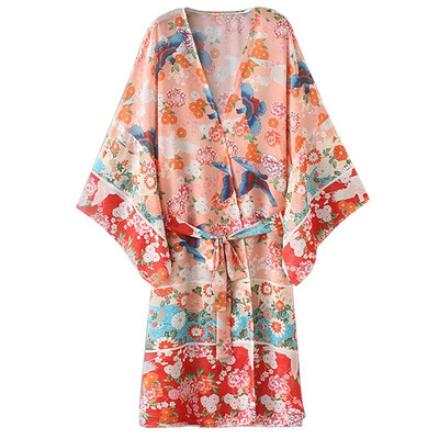 

New Women Chiffon Kimono Cardigan Floral Print Long Sleeve Loose Outerwear Bikini Cover Up Orange