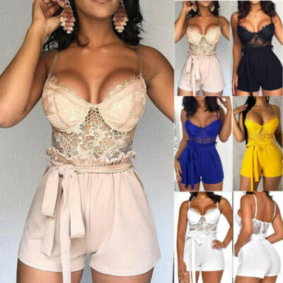 

US Summer Womens Casual Lace Padded Romper Shorts Playsuit V-Neck Slim Jumpsuit