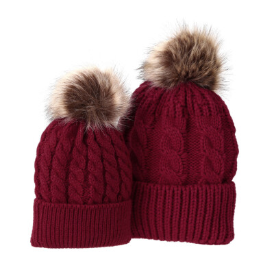

Mom Baby Kid Warm Raccoon Fur Bobble Beanie Cotton Knitted Parent-child Hat