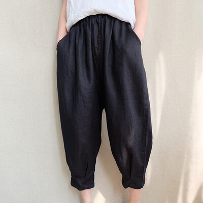 

Tailored Women Cotton Linen Solid Color Belt Pocket Nine Points Casual Harem Pants
