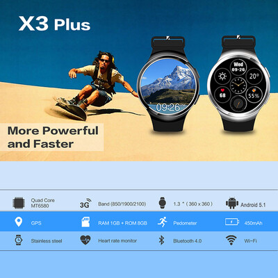 

X3 Plus Smartwatch 3G WCDMA Watch Phone 13inch Round Display 360360pixel MTK6580A Quad-core 13GHz CPU Android 51 1GB RAM 8GB R