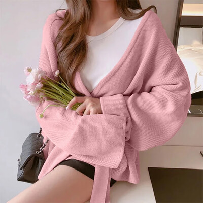 

Toponeto Women Winter Fashion Ladies Solid Color Bandage Long Sleeve Loose Outwear Coat
