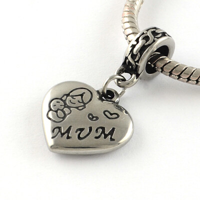 

Vintage Heart 316 Stainless Steel European Dangle Beads Large Hole Pendants with Word Mum Antique Silver 30mm Hole 5mm