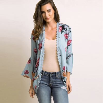 

New Women Casual Kimono Cardigan Floral Print Open Front Boho Loose Outerwear Beach Bikini Cover Up