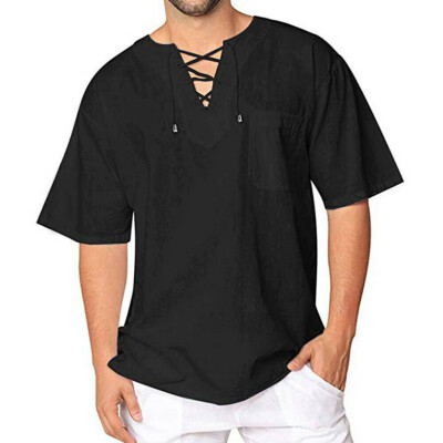 

Men Summer T-Shirt Cotton Linen Thai Hippie Shirt V-Neck Beach Yoga Top