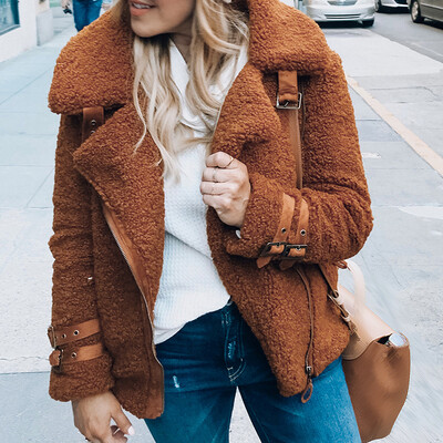 

Women Coat Outwear Autumn Winter Warm Lapel Collar Long Sleeve Zipper Motorcycle