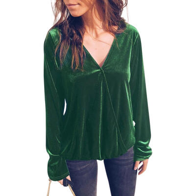 

Women Velvet Sexy V-Neck Pullover Tops Long Sleeve Casual Shirt Blouses