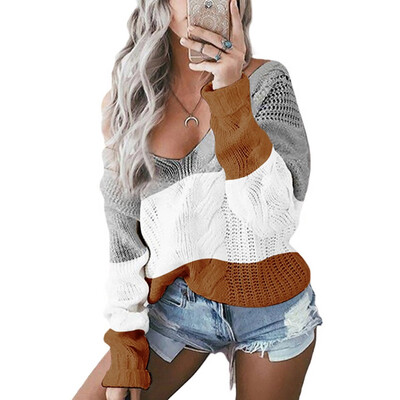 

Gobestart Women Casual V-Neck Pullover long Sleeve Patchwork Loose Knitted Sweater Tops