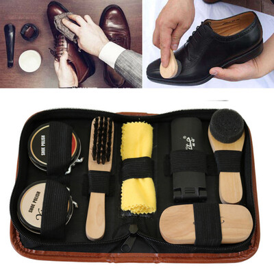

〖Follure〗Shoe Shine Care Kit Polish Cleaning Brushes Sponge Cloth Travel Set With Case