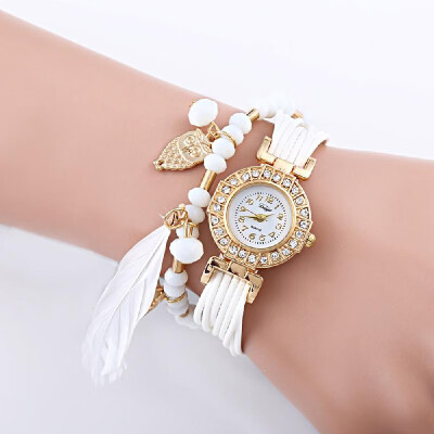 

Fashion DIY Feather Pattern Women Dress Watches Weave Montre Femme Gold Leaf Owl Pendant Rhinestone Wristwatch Bracelet Jewelry Ro