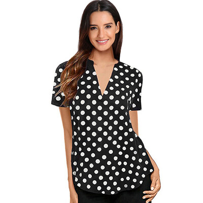 

Nomeni Women Summer Polka Dot Short Sleeve V Neck Tunic Shirt Tops Blouse