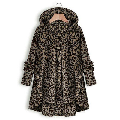 

Roseonmyhand Women Button Leopard Coat Fleece Asymmetrical Hem Hooded Pullover Top Sweater