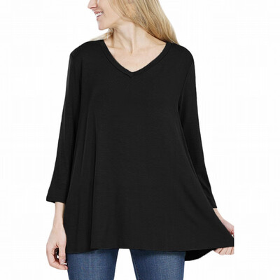 

Womens T-shirt autumn long-sleeved solid color V-neck back button decorative loose top