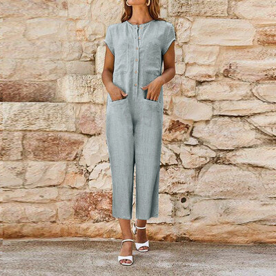 

Starmoon Women V-Neckline Solid Romper Short Sleeve Casual Pockets Button Jumpsuits