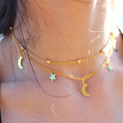 

IF ME Vintage Multilayer Crystal Pendant Necklace Women Gold Color Beads Moon Star Horn Crescent Choker Necklaces Jewelry New