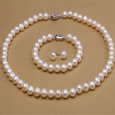 

YIAILI 8-9mm white pearl necklace bracelet earrings 8091