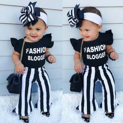 

Kid Baby Girl Ruffle Top T-shirt Flared Striped Pants Leggings Clothes Outfits