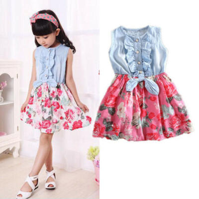 

Cute Kids Girl Dress Printed Cowboy Half Dresses Sleeveless UnderMine Bowknot