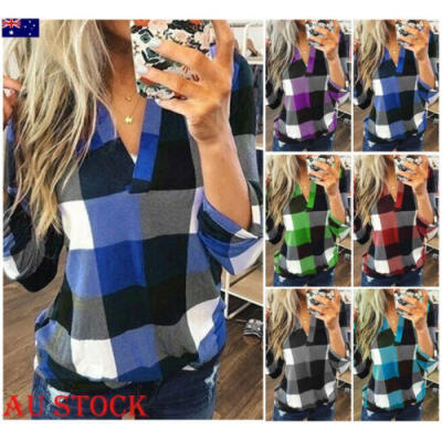 

AU Women Long Sleeve Plaid Checked Blouse Shirt Ladies Autumn Tops Size -3XL