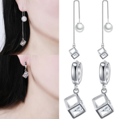 

Fashion Magic Cube Zircon OL Women Sterling 925 Silver Ear Line Earrings