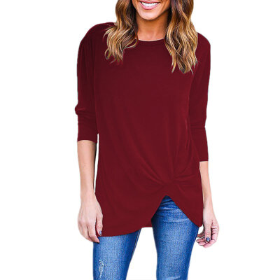 

Women Autumn All-match Solid Color Long Sleeve Round Collar Shirts