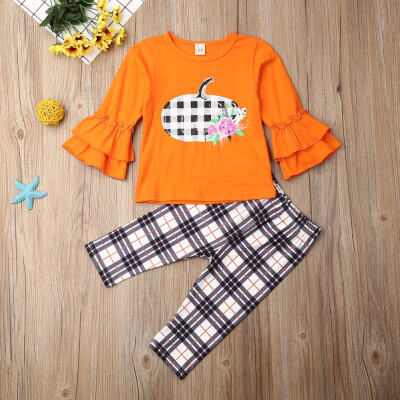 

Halloween Toddler Baby Girl Clothes Pumpkin Ruffle TopsPlaids Pants Outfit