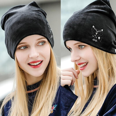 

Women Autumn Winter Knitted Beanies Hat Rhinestones Ribbed Baggy Cap Warm Skullies Headwear