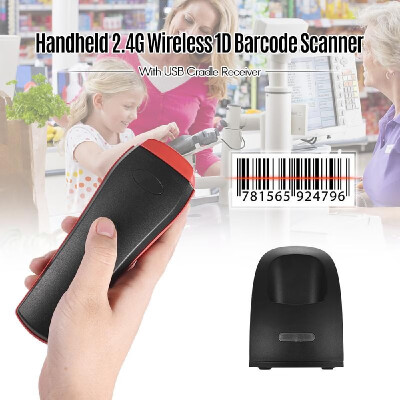 

Handheld 24G Wireless 1D Barcode Scanner Bar Code Reader with USB Cradle Receiver Charging Base Long Transmission Distance for Mo
