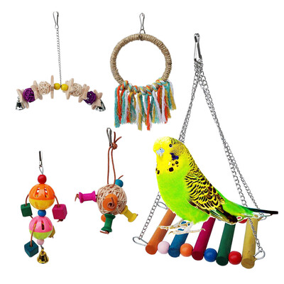 

5pcs Birds Toy Parrots Playthings Hanging Chewing Swing Wooden Rattan Balls Colorful Cage Decoration