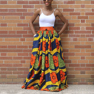 

2019 Womens Ethnic Printed African High Waist Party Long Beach Maxi Skirt Dress