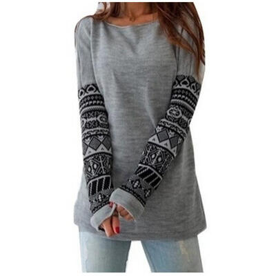 

Women Autumn Cotton Casual Print Long Sleeve Round Neck Knit Blouse T Shirt Grey Top