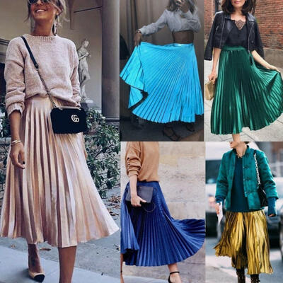 

Fashion New Women´s Sexy High Waist Loose Maxi Skirt Pleated Retro Long Dress Elastic Waist