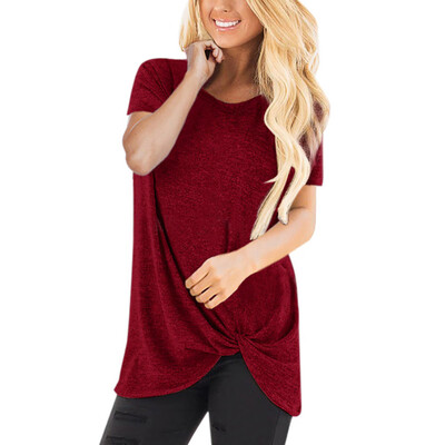 

Nomeni Women Casual Solid Color Short Sleeve O Neck Blouse Twist Knotted Tops T- Shirt
