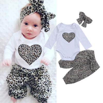 

0-24M Newborn Baby Kids Girls Clothes Leopard Romper TopsLong Pants Outfits Set