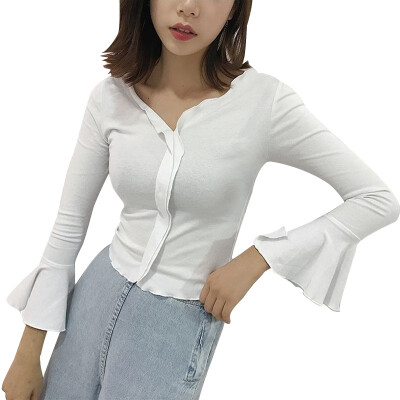 

Women Summer Long-sleeved T-shirt Solid Color Ruffled Short Section Slim Slimming Shirt V-neck Irregular Top