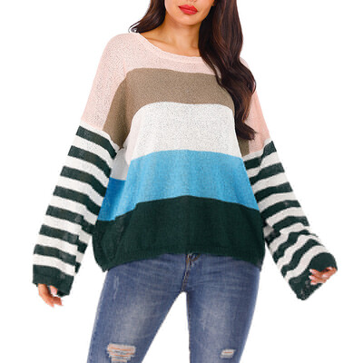 

Round neck contrast color striped loose casual sweater pullover sweater
