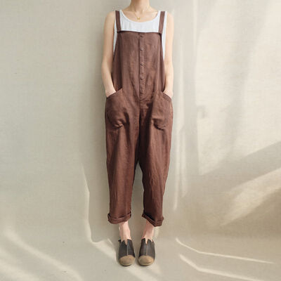 

Woman Casual Cotton And Linen Pocket Plus Size Jumpsuit New Fashion Office Lady Girl Jumpsuits Solid Cute Woman Clothing