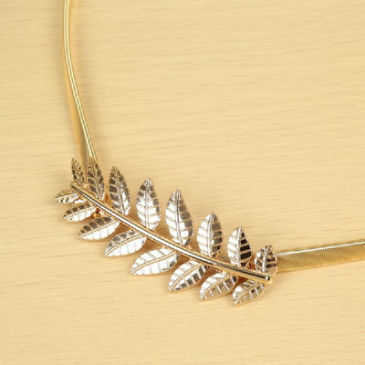 

New Fashion Vintage Women Skinny Elastic Belt Leaf Design Clasp Front Stretch Metal Waist Belt GoldSilver