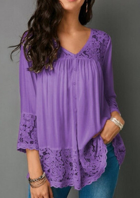 

7 Colors plus size Women Casual Solid Color Lace Deep V Neck T-Shirt Tops 34 Sleeves Sexy Autumn Slim Fit Irregular Pullover