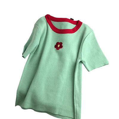 

Womens Round Neck Floral Embroidery Short Sleeve Knitted Pullover Fashion T-Shirt