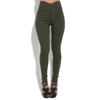 

Ladies Slim Fit High Waist Bottoms Buttons Solid Trousers Casual Office Pants