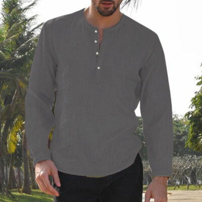 

Toponeto Mens Baggy Cotton Linen Solid Button Plus Size Long Sleeve Shirts Tops Blouses