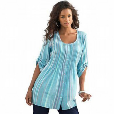 

Contrast striped round neck long sleeve casual loose blouse top