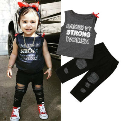 

Toddler Kid Baby Girl 2Pcs Outfit Letter Sleeveless TopRipped Denim Jeans Pants