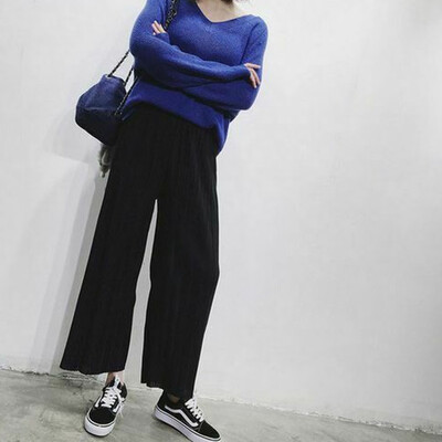 

Women Pleated Chiffon Flax Wide Leg Pants Elastic Waist Trousers Casual Pants