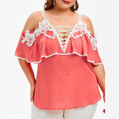 

Roseonmyhand Large Size Women Off Shoulder Lace Short Sleeve V Neck Shirt Tops Blouse