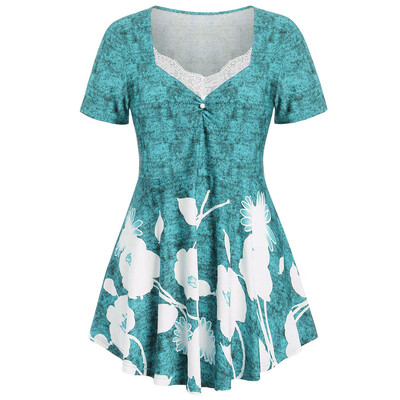 

Roseonmyhand Plus Size Fashion Women Floral Printed O-Neck Ruched Lace Short Sleeve Tops