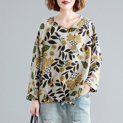 

Women Vintage Loose Blouse Printed Long Sleeves Drawstring Oversized Plus Size Cotton Linen Spring Autumn Casual Tops