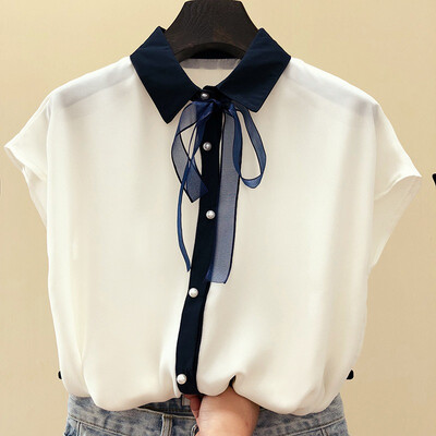 

Women Summer Retro Temperament Solid Color T-shirt Ladies Vintage Short Sleeve Bow Casual Tops