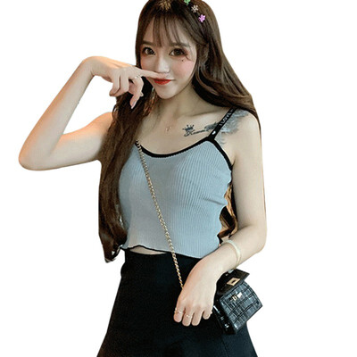 

Womens Lace Stitching Knitted Tank Top Sexy Vest Simple Stretchable Tops Summer Solid Crop Top